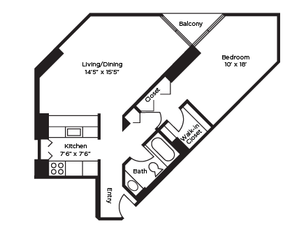 Floor plan for 1 bed, 1 bath, 780 sqft